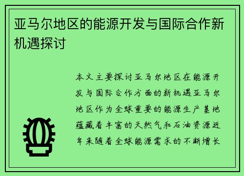 亚马尔地区的能源开发与国际合作新机遇探讨