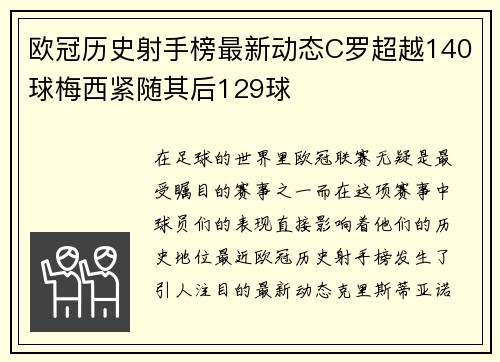 欧冠历史射手榜最新动态C罗超越140球梅西紧随其后129球