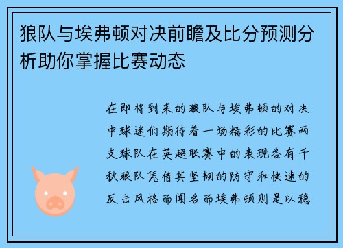 狼队与埃弗顿对决前瞻及比分预测分析助你掌握比赛动态
