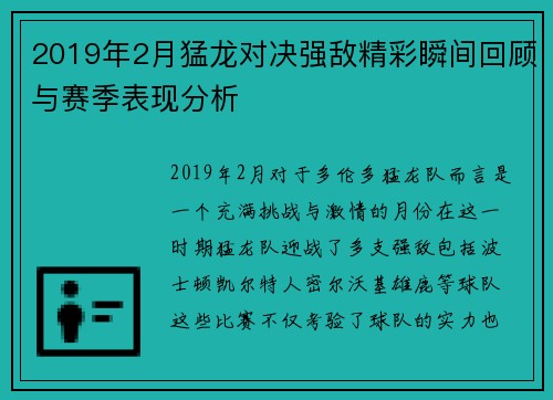 2019年2月猛龙对决强敌精彩瞬间回顾与赛季表现分析