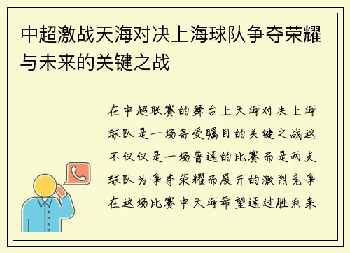 中超激战天海对决上海球队争夺荣耀与未来的关键之战