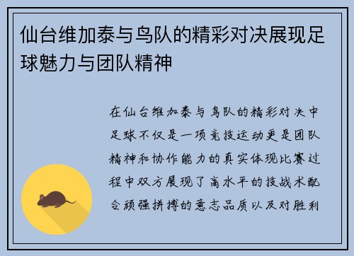 仙台维加泰与鸟队的精彩对决展现足球魅力与团队精神