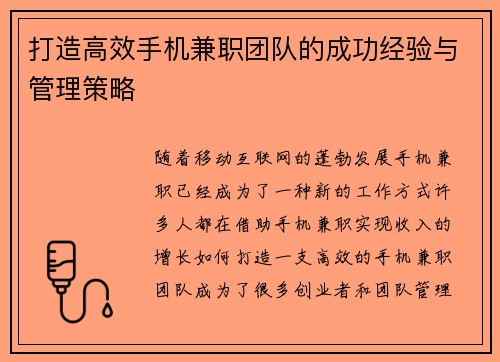 打造高效手机兼职团队的成功经验与管理策略