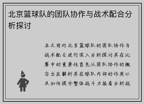北京篮球队的团队协作与战术配合分析探讨