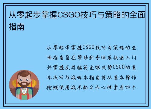 从零起步掌握CSGO技巧与策略的全面指南