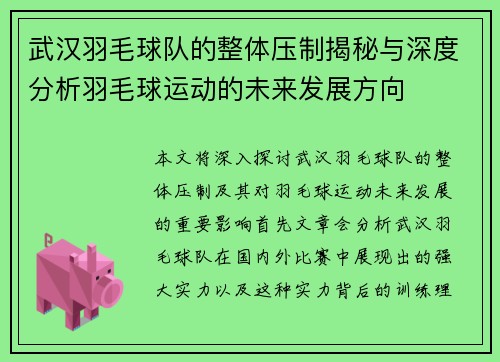 武汉羽毛球队的整体压制揭秘与深度分析羽毛球运动的未来发展方向