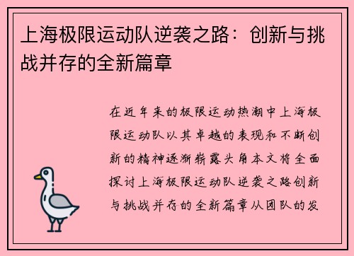 上海极限运动队逆袭之路：创新与挑战并存的全新篇章